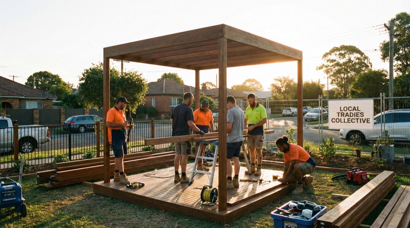 Local tradie team on site completing outdoor construction work at sunset.